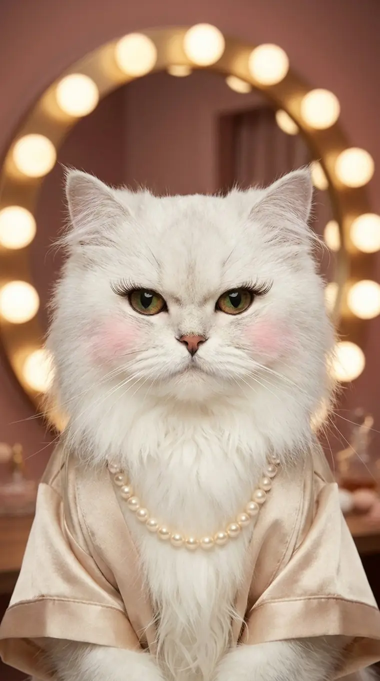 Bijou head-on in her champagne robe and pearls, ringed by the glowing vanity bulbs.